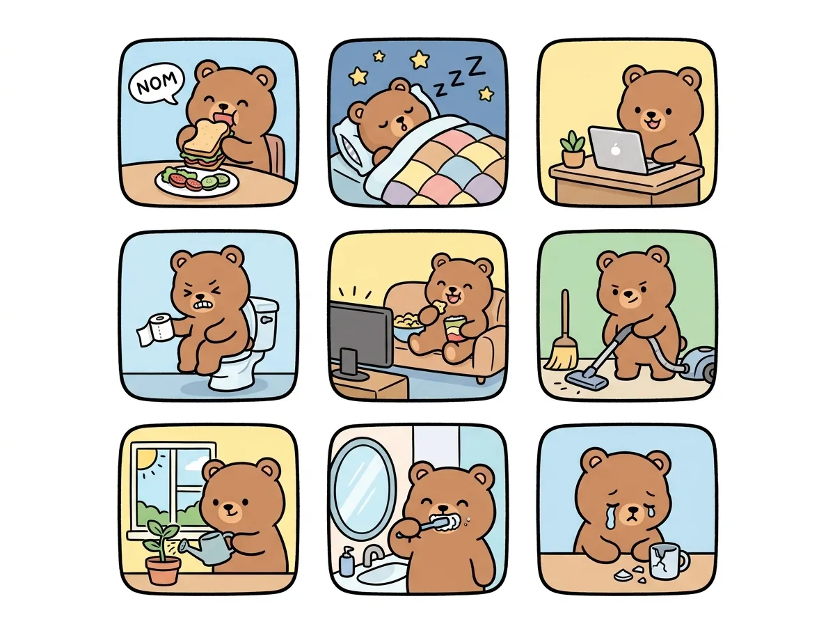 샘플 – 일상 장면 곰 이모티콘 아홉 컷